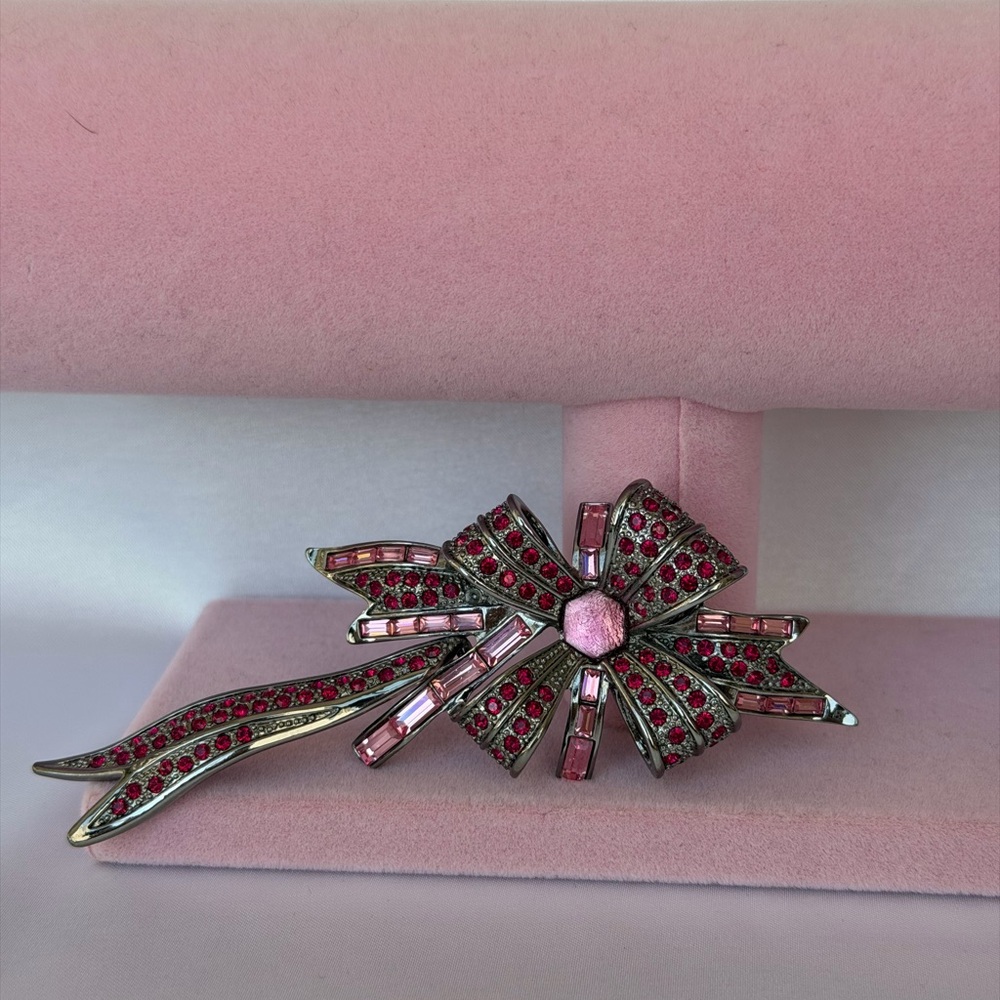 Givenchy Pink Crystal Bow Pin, Silver Tone (Vintage 80s/90s)